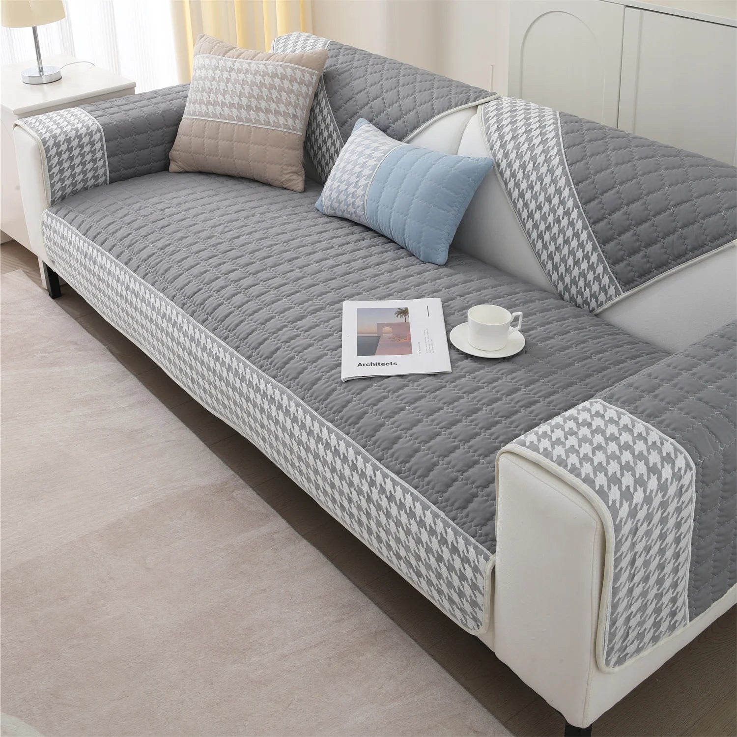 Houndstooth Quilted Sofa Cover — Anti-Slip Furniture Protector