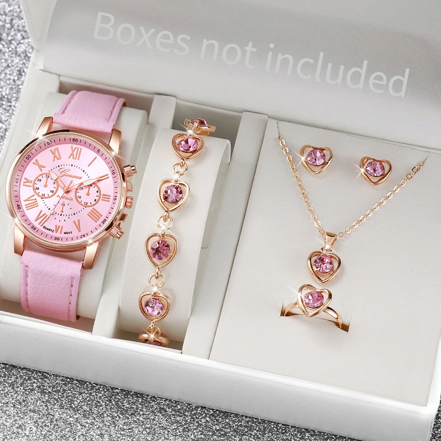Women's Quartz Watch and Jewelry Set — Elegant Rhinestone Heart Accessories