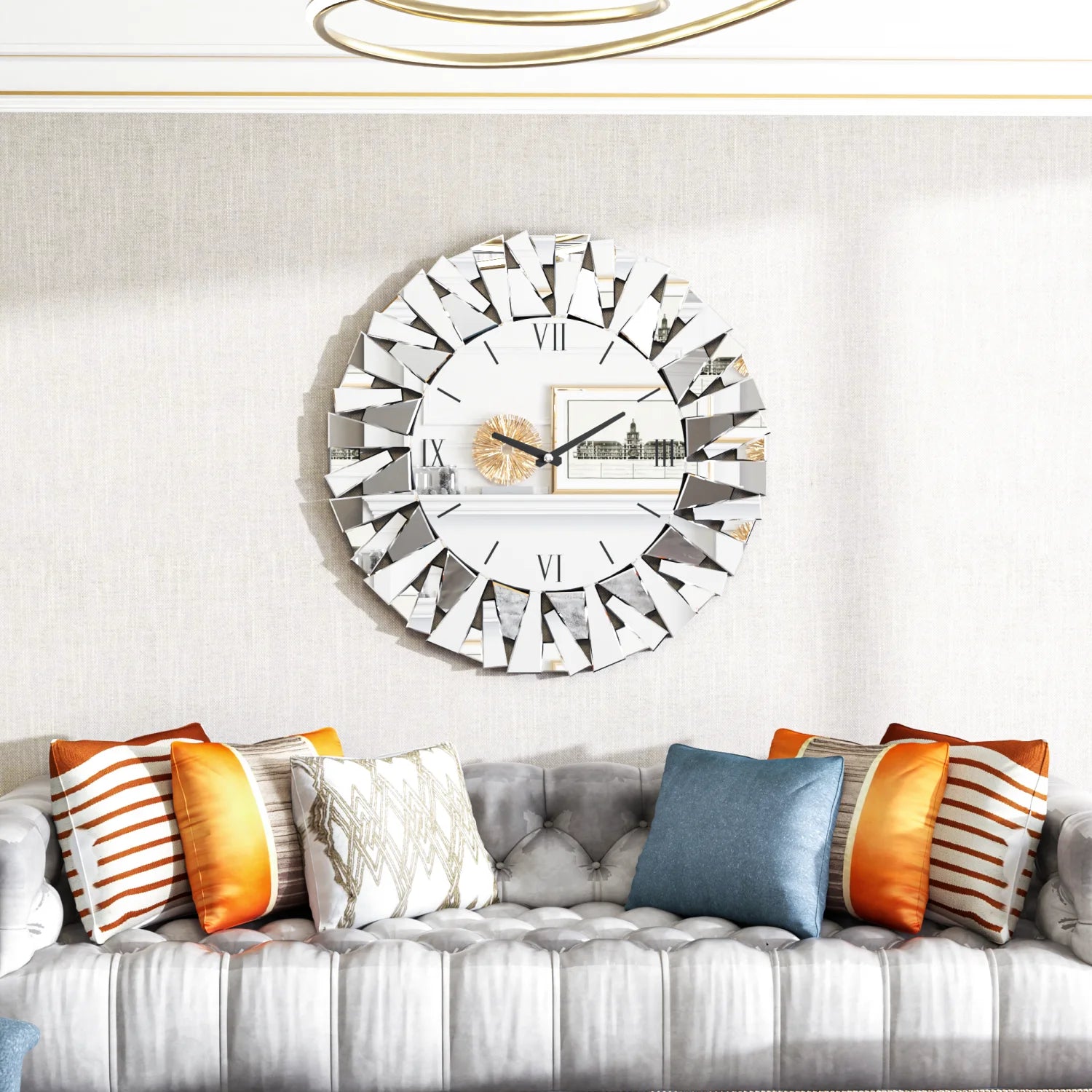 Large Mirrored Wall Clock — Modern Beveled Glass Decor for Living Room
