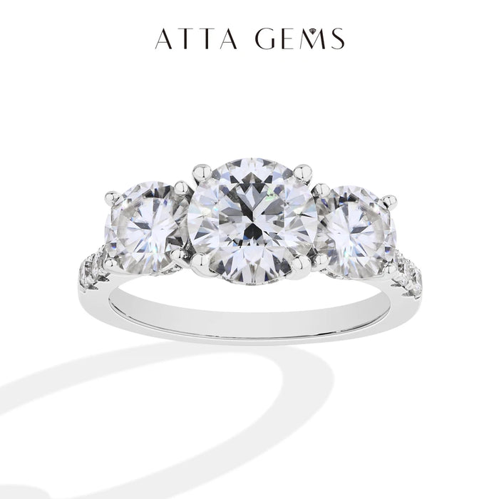 ATTAGEMS 3 Stone Moissanite Ring — Elegant 925 Sterling Silver Jewelry