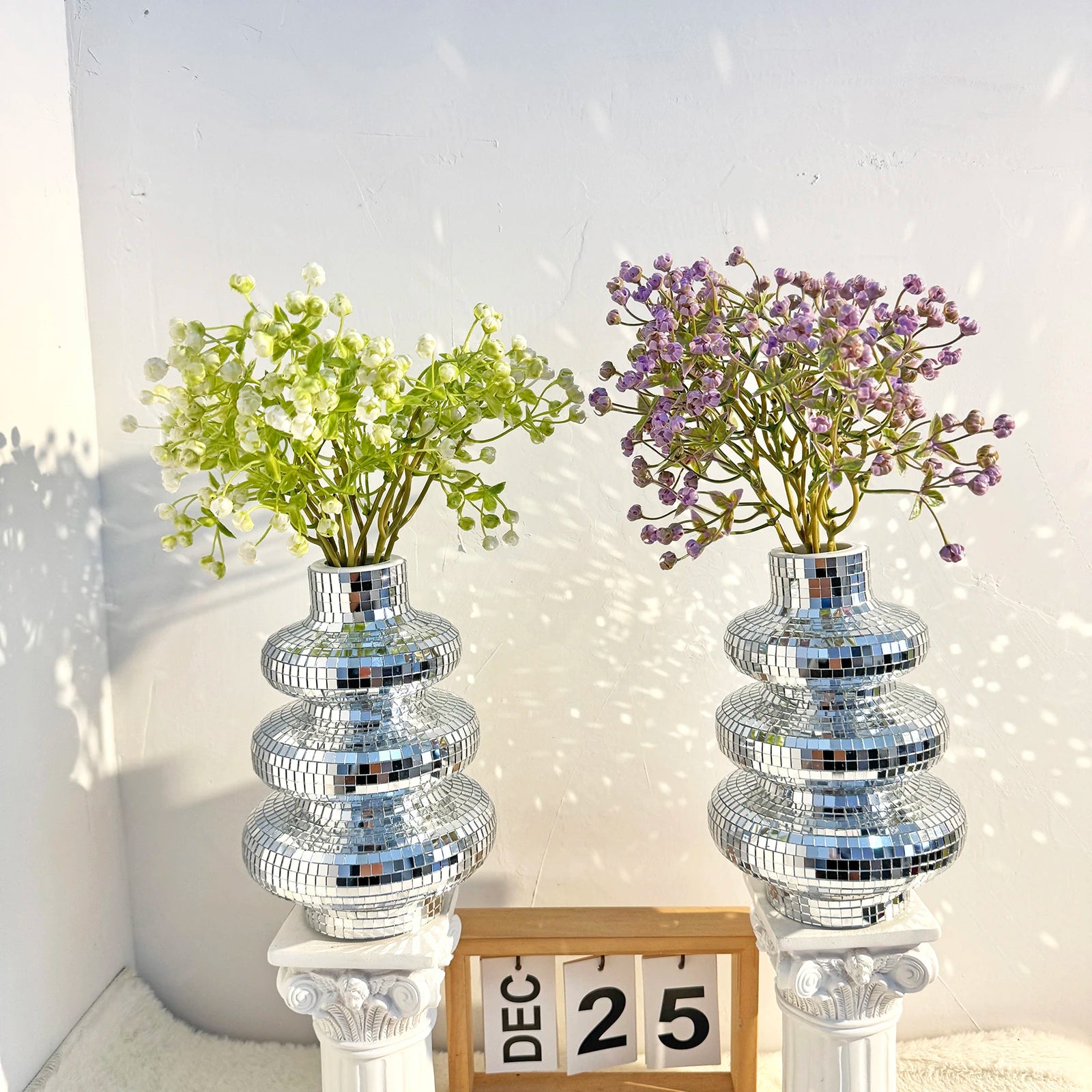 FngJiuyer Tiered Disco Ball Vase — Silver Mirror Mosaic Flower Decor
