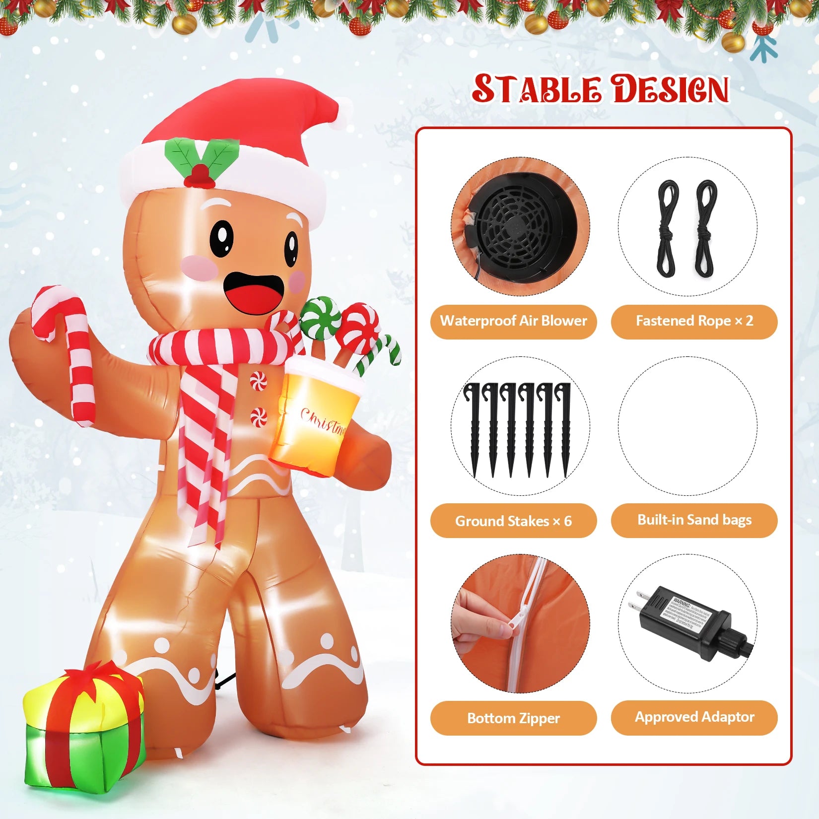 8FT Inflatable Gingerbread Man — LED-Lit Holiday Yard Decoration