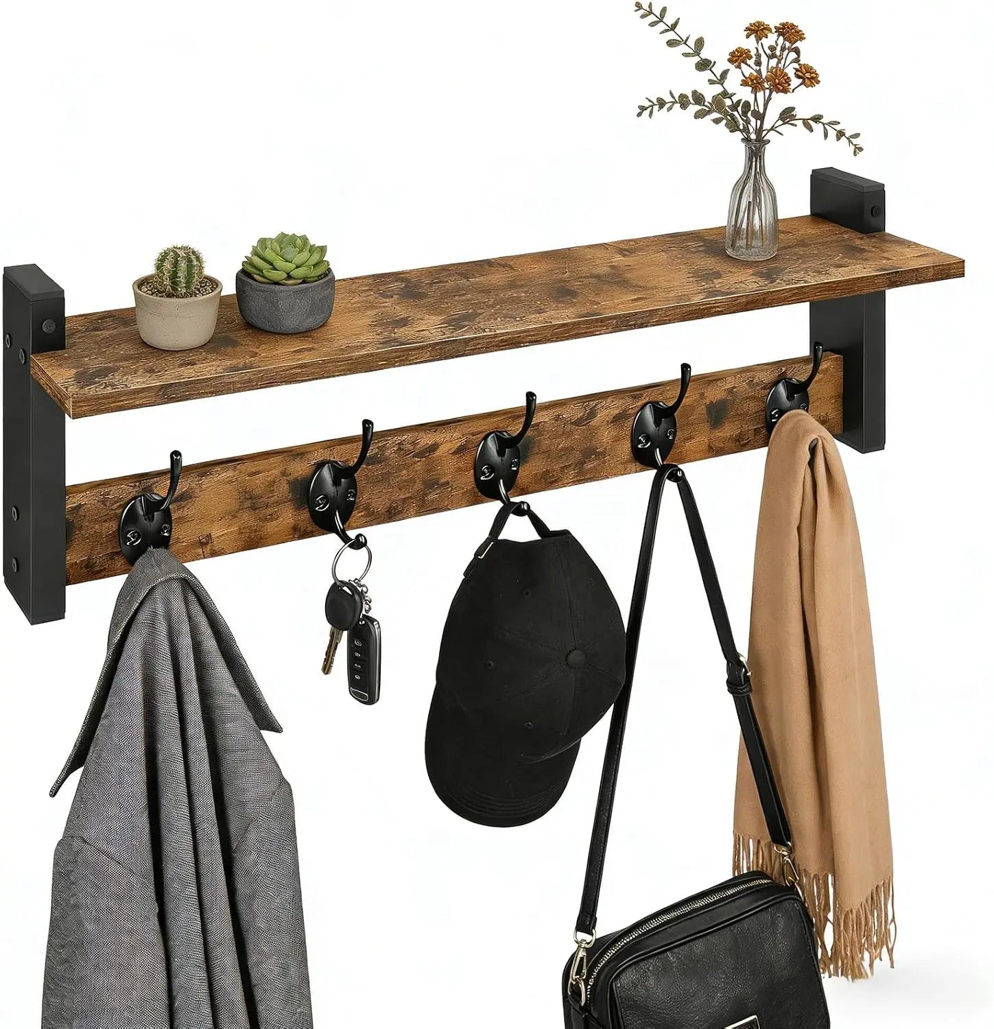 Wall Mounted Coat Rack & Shelf — Industrial Wood and Iron Entryway Organizer