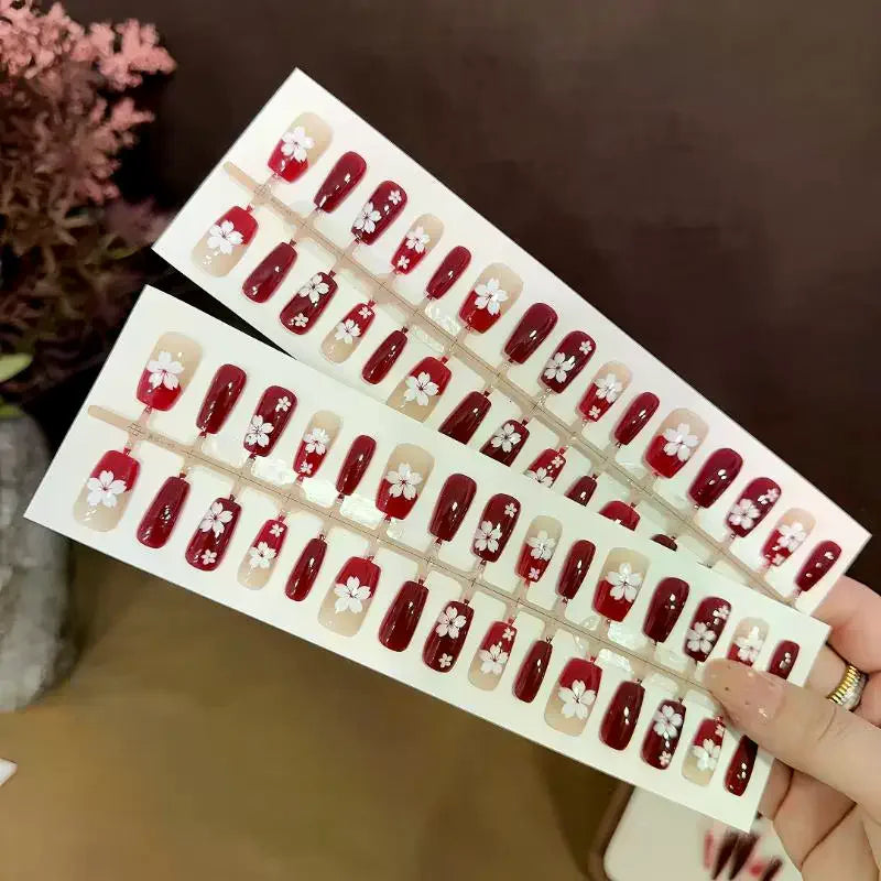 Red French Tip Press On Nails — Floral Design Full Cover Fake Nails