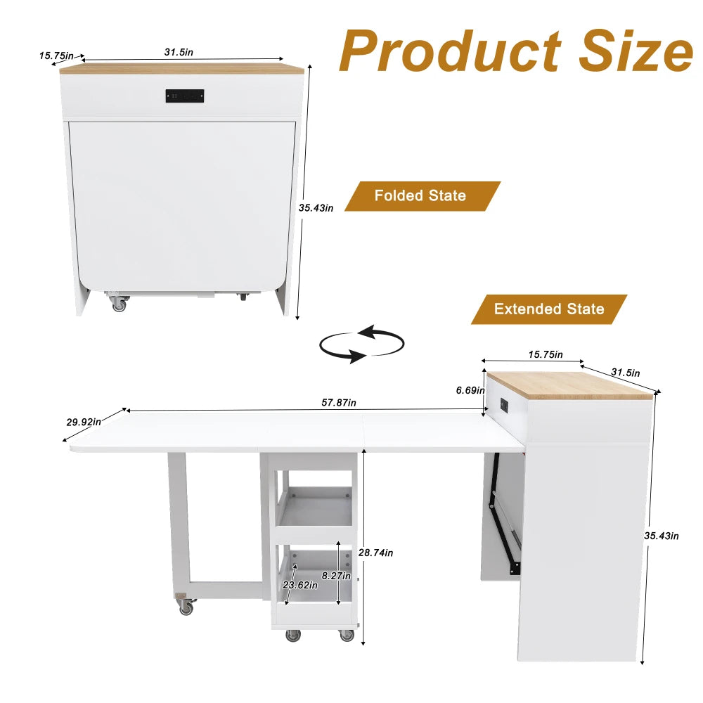 Orraves Extendable Dining Table — Space-Saving Kitchen Island with Power Socket