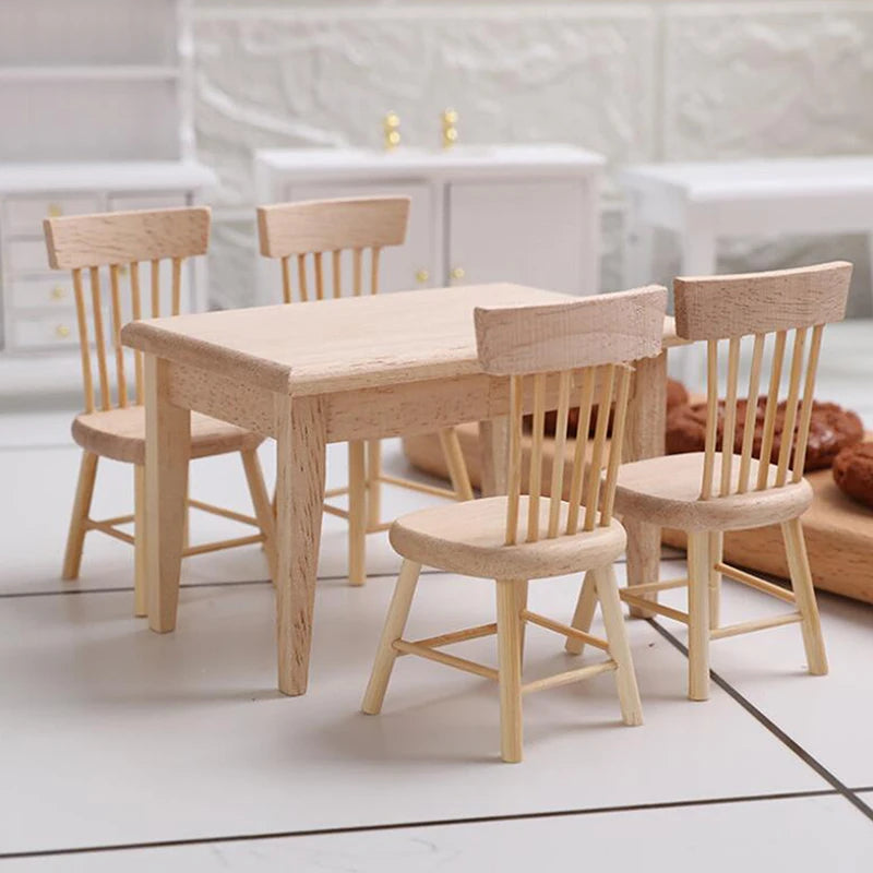Miniature Dollhouse Dining Set — 1/12 Scale Wooden Table and Chair Decor