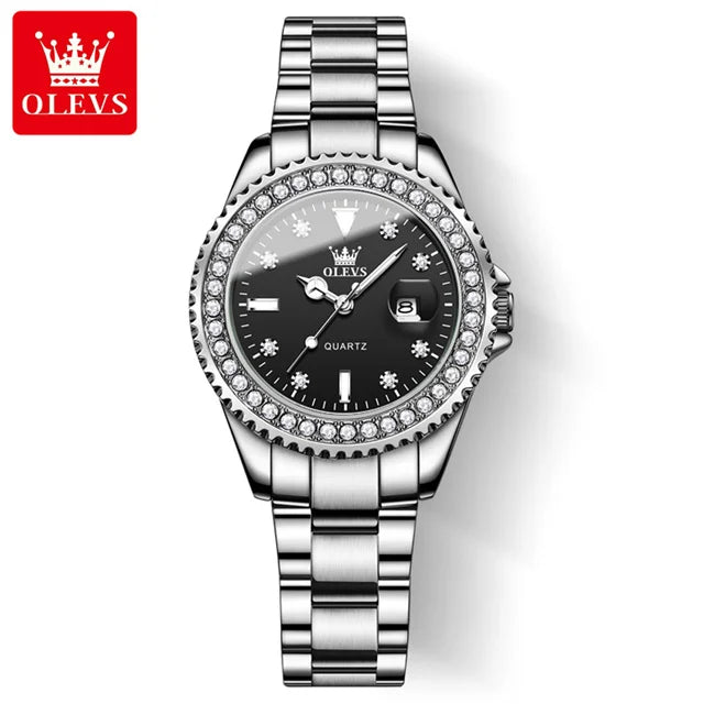 OLEVS Diamond Dial Quartz Watch — Elegant Stainless Steel Ladies Wristwatch