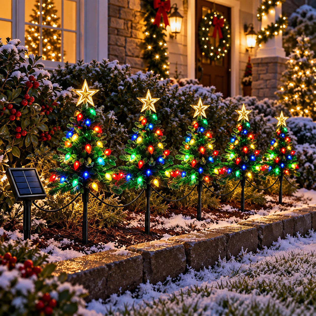 Solar Christmas Tree Pathway Lights — Multicolor LED Garden Stake Set