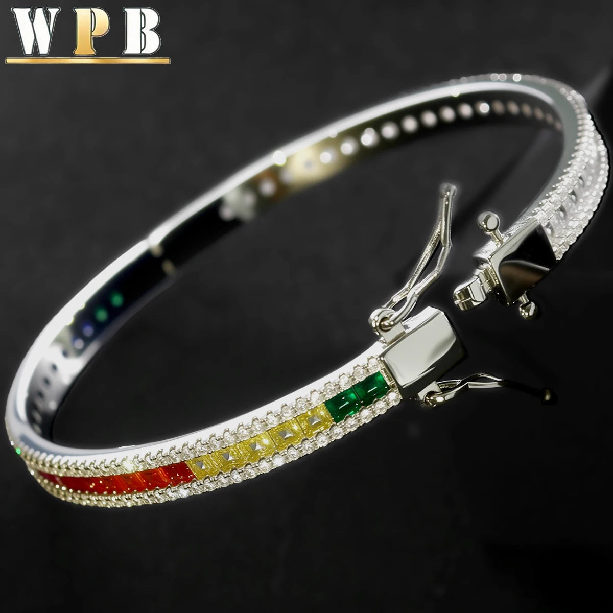 WPB Luxury Zircon Bangle — Colorful Rainbow Design Platinum-Plated Bracelet