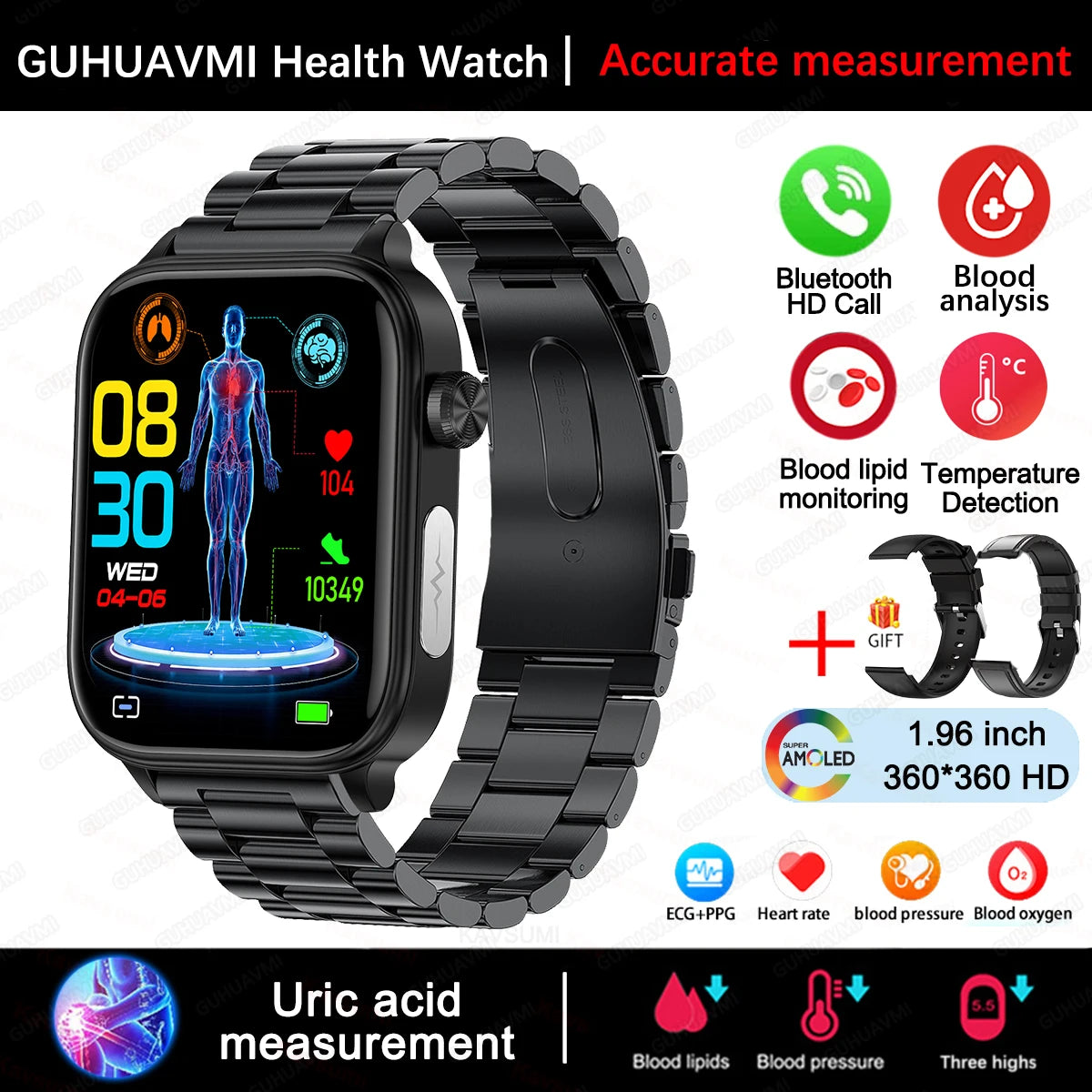 GUHUAVMI Health Smartwatch — Advanced ECG, Blood Pressure & Oxygen Monitor