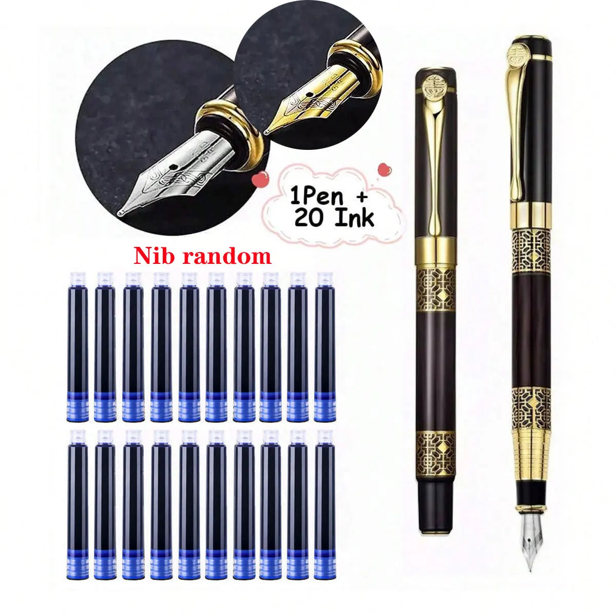 Retro Metal Fountain Pen — Elegant Writing Instrument with Wood Texture