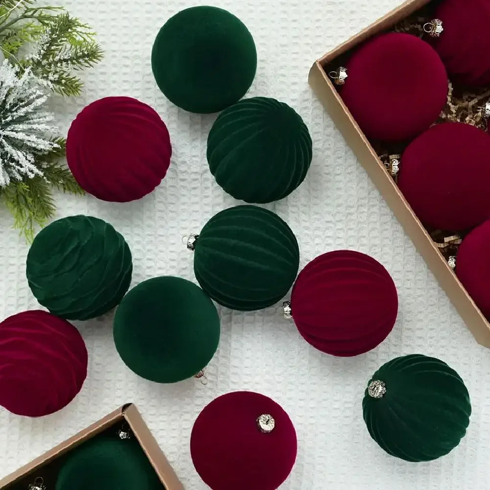 Flocked Velvet Christmas Ball Ornaments — 12-Piece Holiday Tree Decor Set