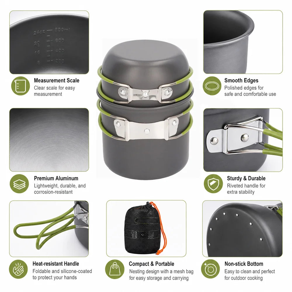 ZCTYHPGACN Portable Camping Cookware Set — Lightweight Non-Stick Pots for Hiking