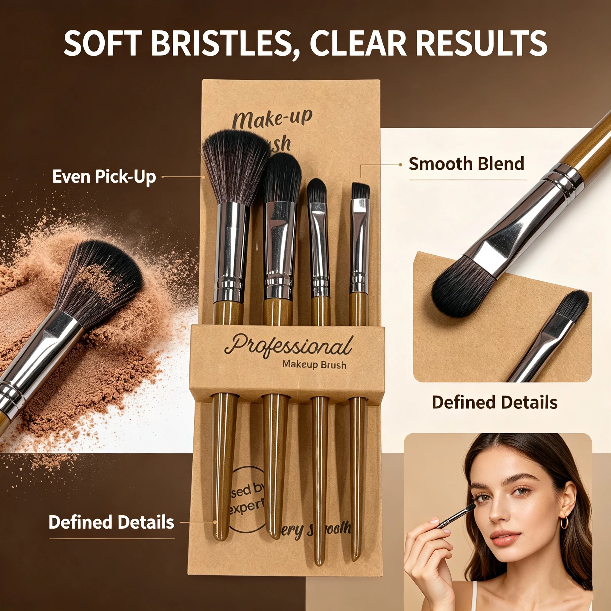 Professional 4-Piece Makeup Brush Set — Soft Nylon Bristles for Flawless Application