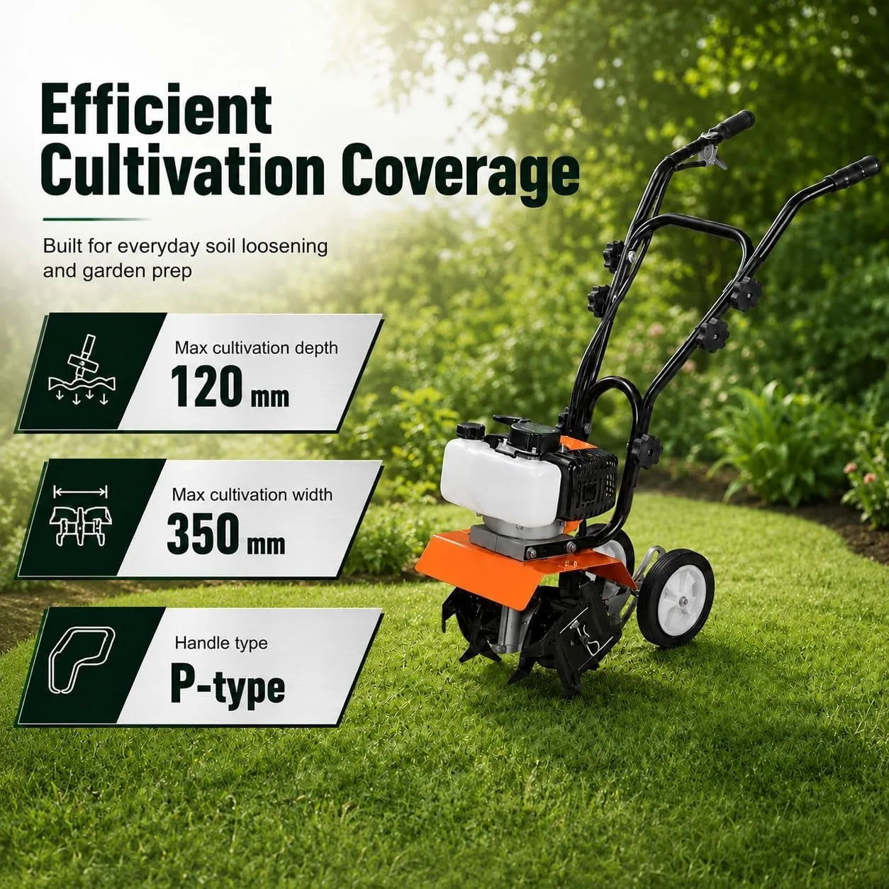 Gas Powered Garden Tiller — 52CC 2-Stroke Engine Soil Cultivator