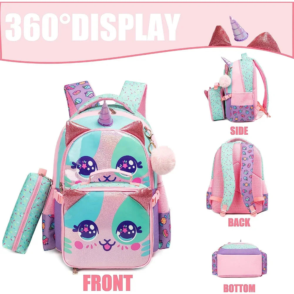Bikab 3-Piece Girls Backpack Set — Cute School Bag with Matching Lunch Box