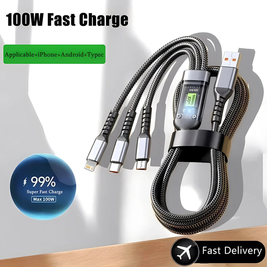 3-in-1 Fast Charging Cable — 100W Nylon Braided Multi-Device Cord