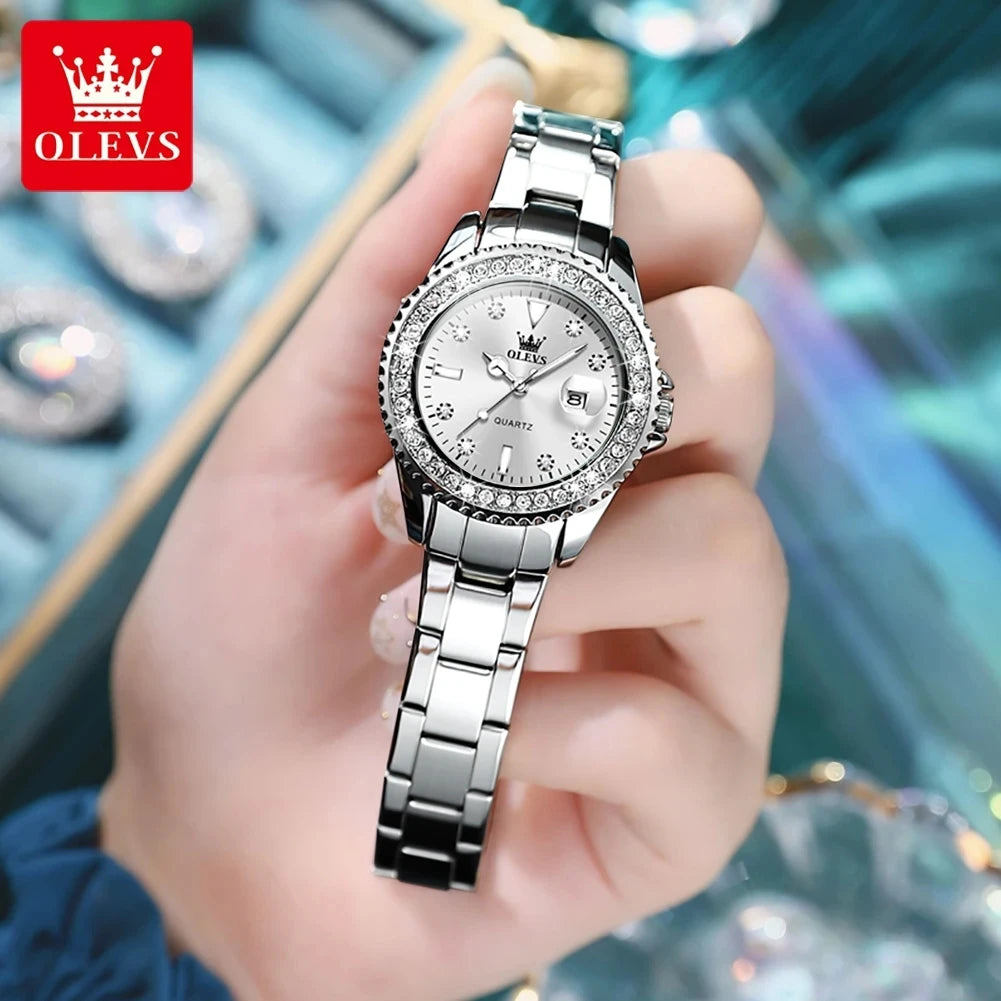 OLEVS Diamond Dial Quartz Watch — Elegant Stainless Steel Ladies Wristwatch
