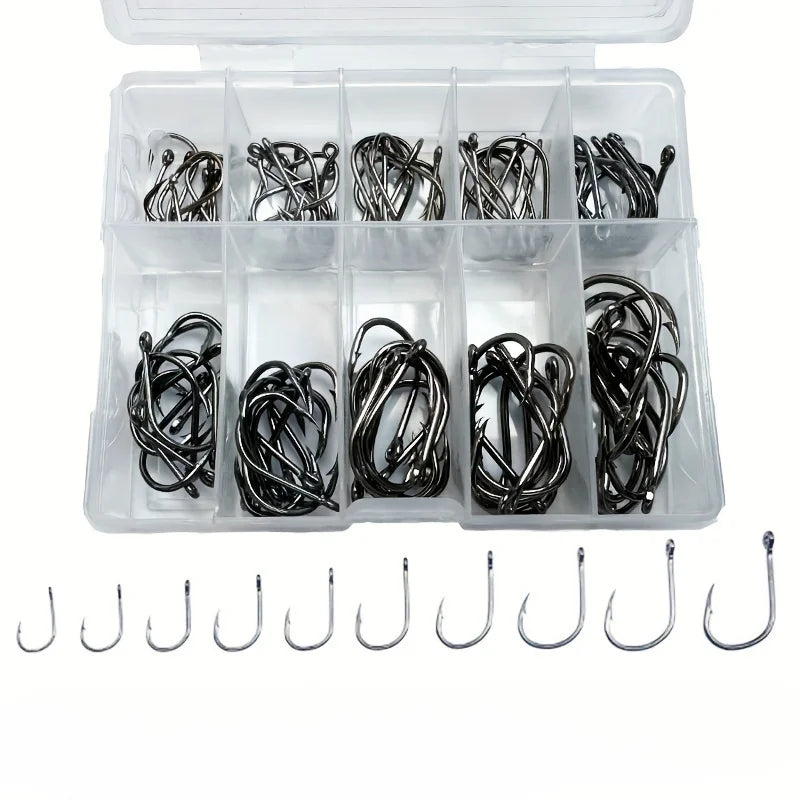 High Carbon Steel Fish Hooks — 100 Piece Set in Storage Box
