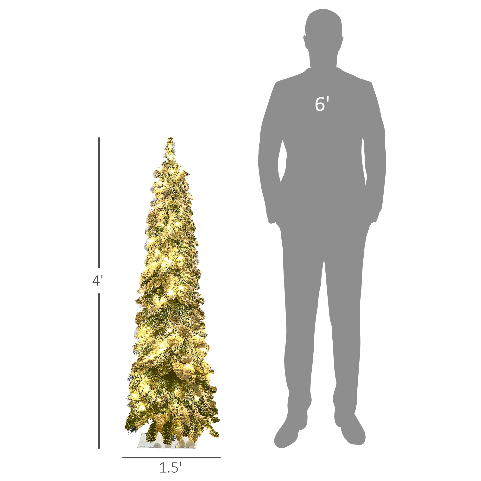 HOMCOM 4ft Slim Snow Artificial Christmas Tree — LED Lighted Pencil Tree