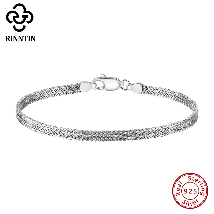 Rinntin 925 Sterling Silver Flat Mesh Bracelet — Classic Unisex Bangle Chain