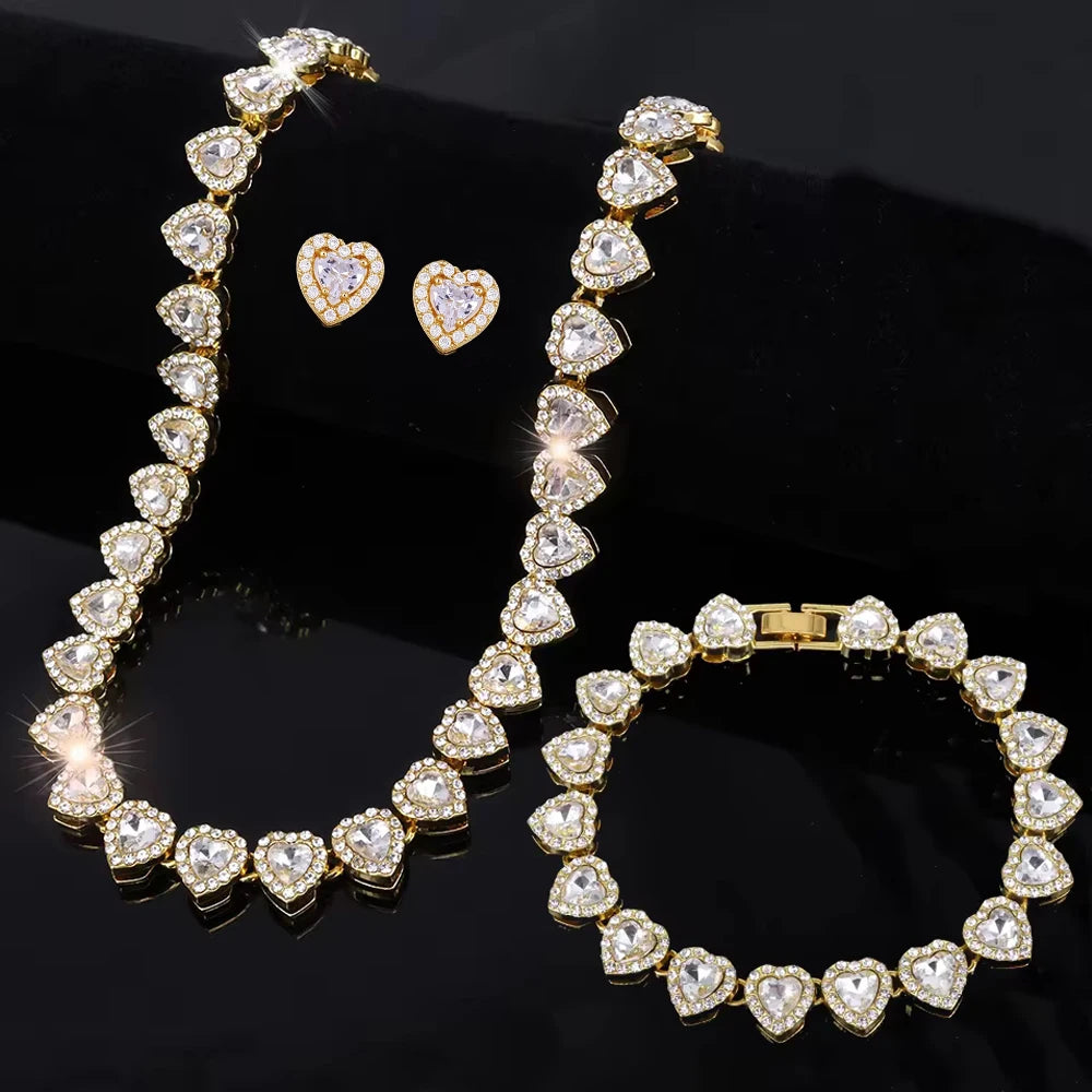 Hip Hop Rhinestone Heart Jewelry Set — Tennis Chain Necklace and Bracelet