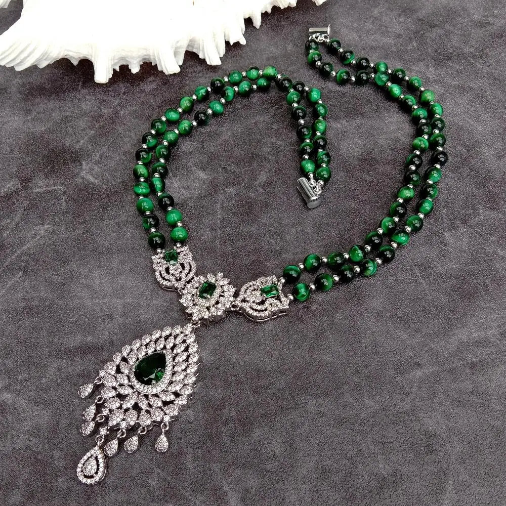 SETTIMANA Green Tiger Eye Pendant Necklace — Double Strand CZ Pave Jewelry