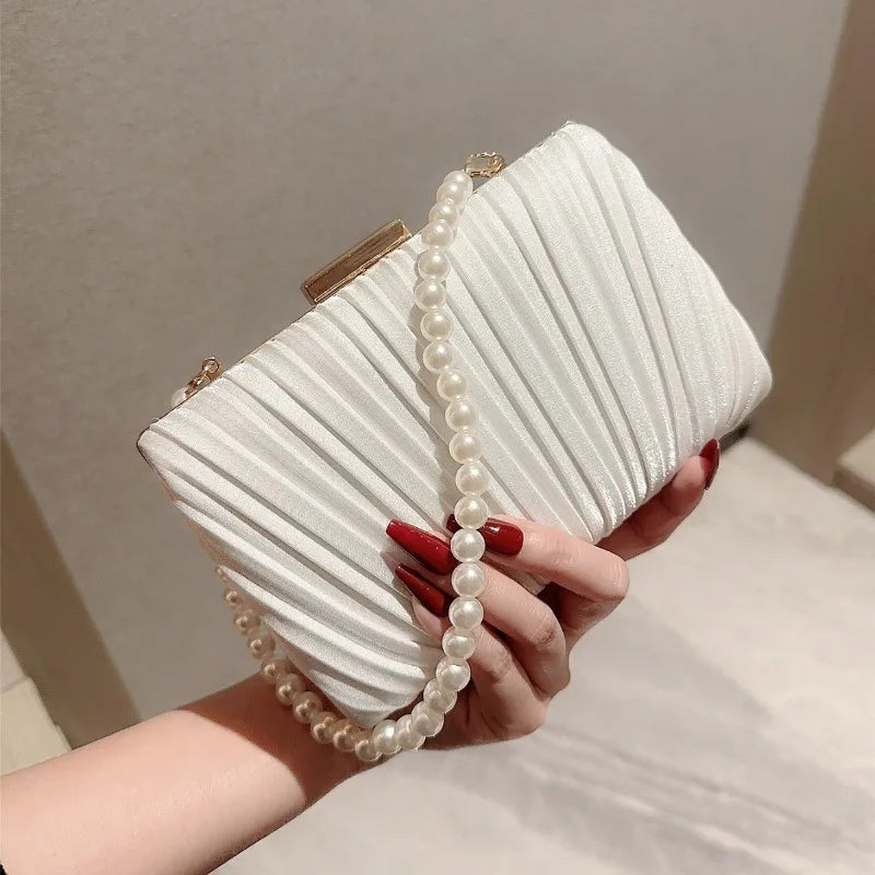 YIYUEQIANLI Silk Evening Bag — Elegant Pearl Chain Clutch for Weddings