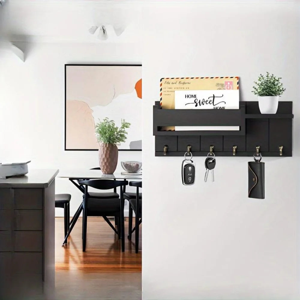 Wooden Wall Mount Key Holder — 6-Hook Organizer with Mail Sorter & Shelf