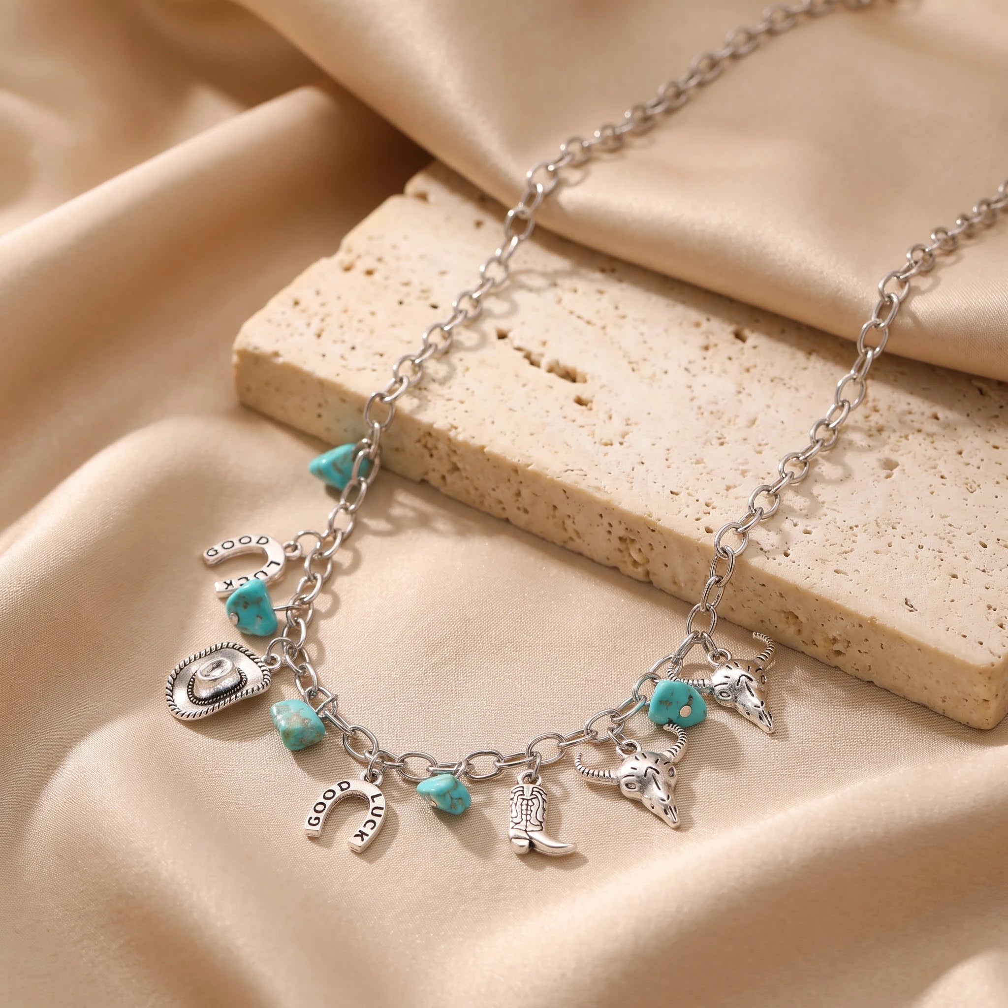 Obega Boho Western Jewelry Set — Turquoise Stone Necklace & Bracelet