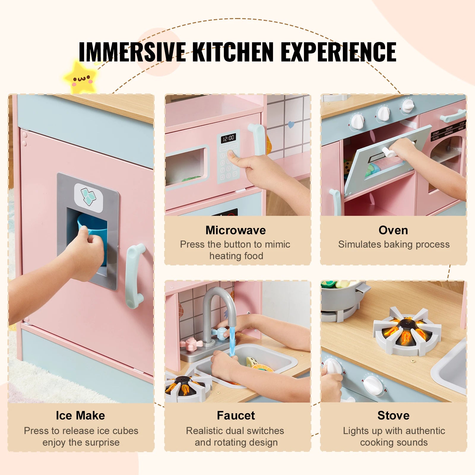 SucceBuy Wooden Kids Kitchen Playset — Chef Roleplay Toy with Lights & Sounds