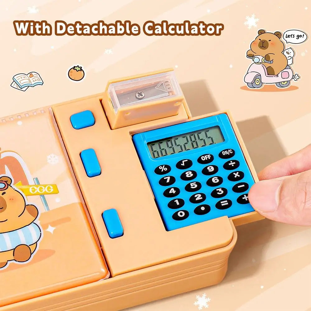 Multifunctional Plastic Pencil Case — Built-in Calculator and Sharpener