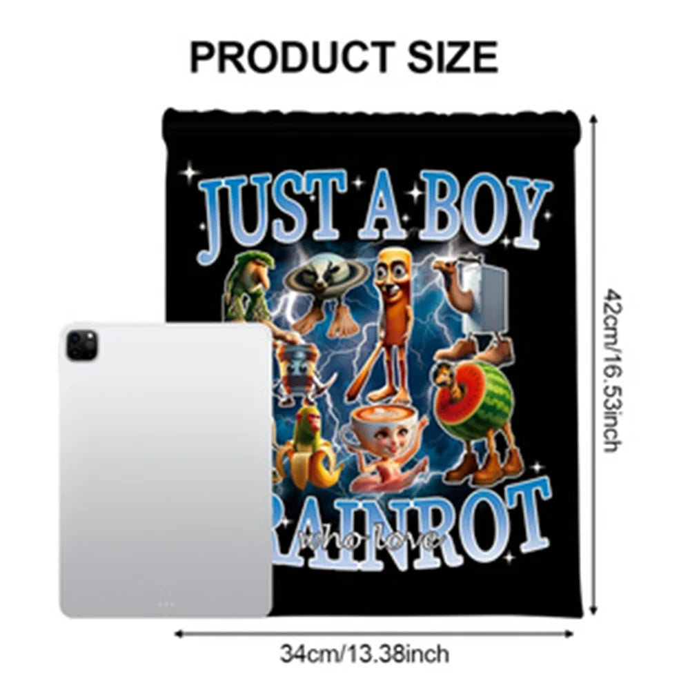 Cartoon Print Drawstring Bag — Waterproof Polyester Backpack for Sports & School