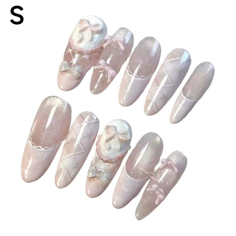 Luxury Cat Eye Press On Nails — Long Coffin Style with Butterfly & Pearl Details