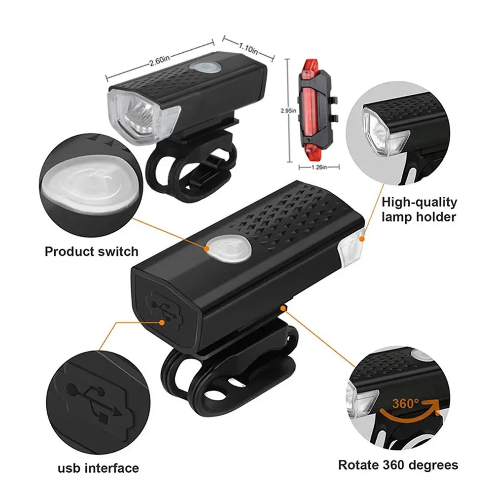 USB Rechargeable Bicycle Light Set — Front Headlight and Rear Taillight Kit