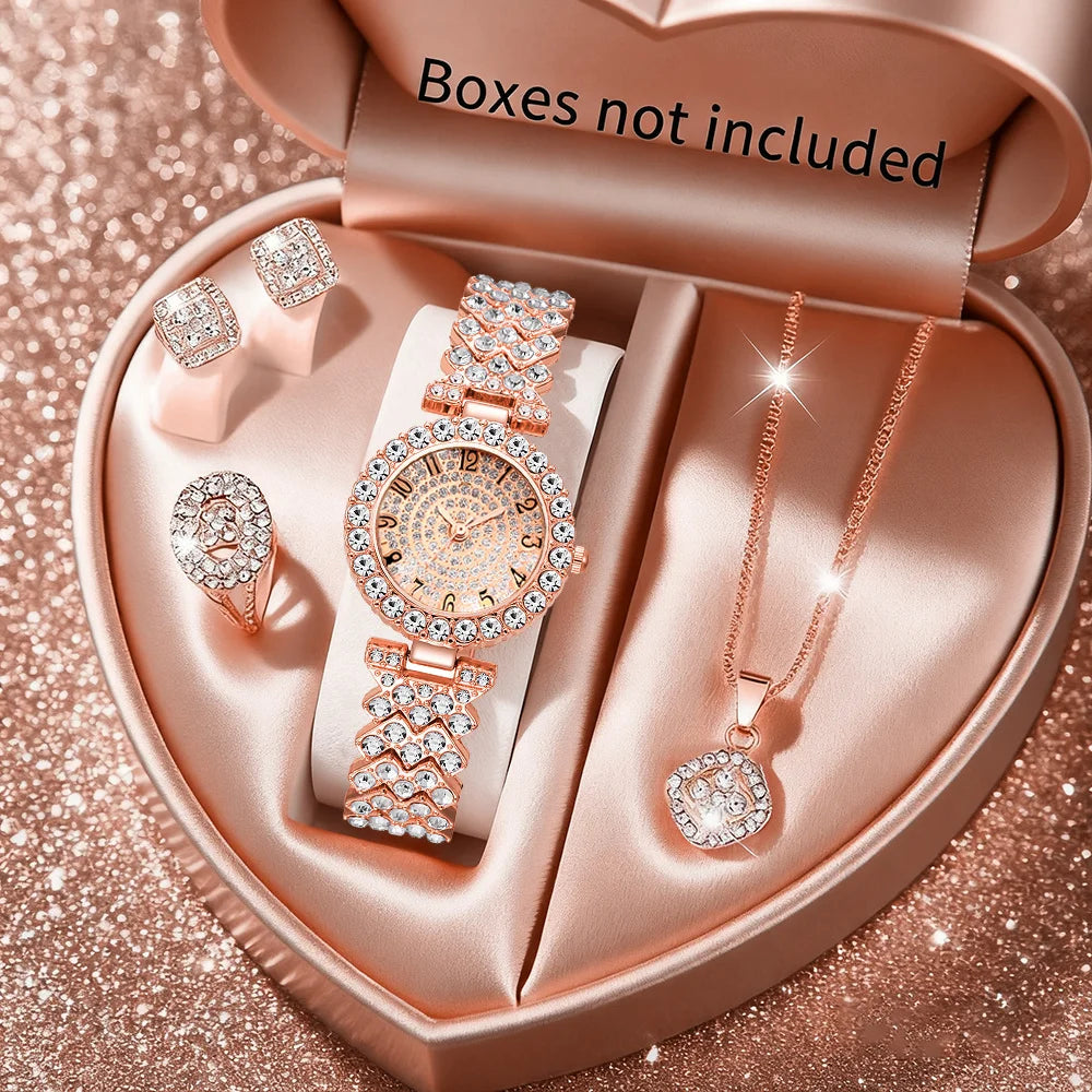 Luxury Rhinestone Jewelry Set — Elegant Quartz Watch & Accessories