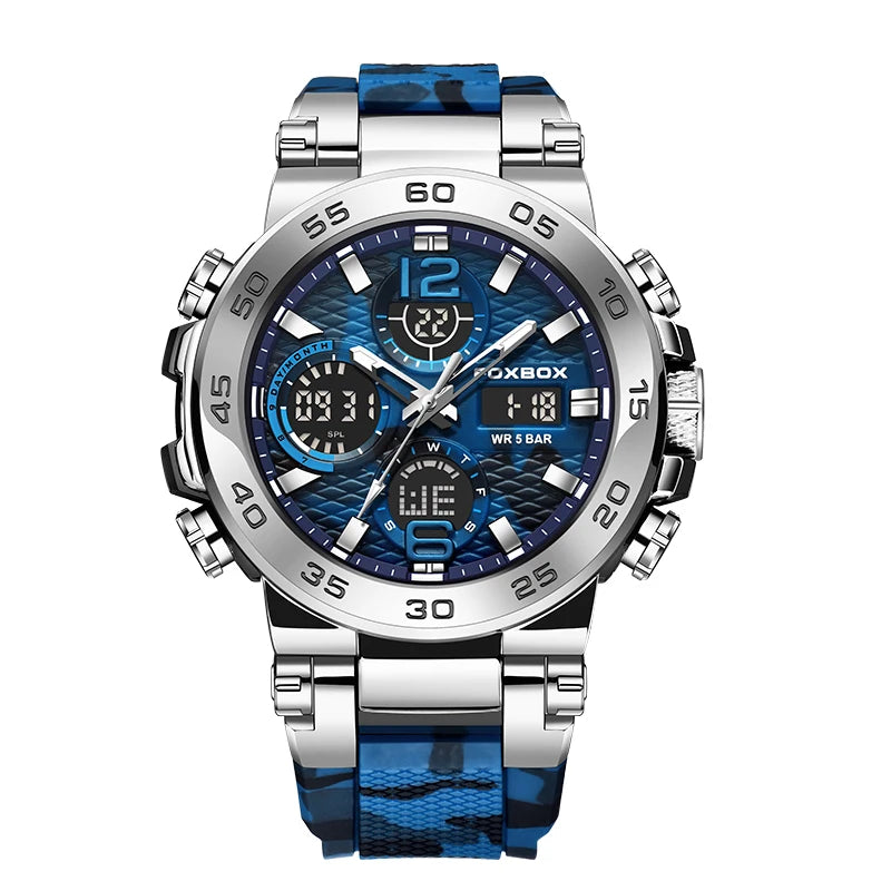 foxbox Men's Military Sports Watch — Waterproof Dual Display Quartz Timepiece