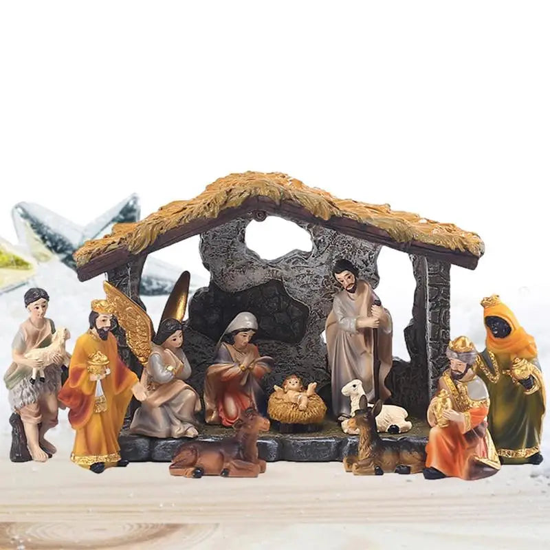 12-Piece Resin Nativity Scene Set — Hand-Painted Manger Tabletop Decor