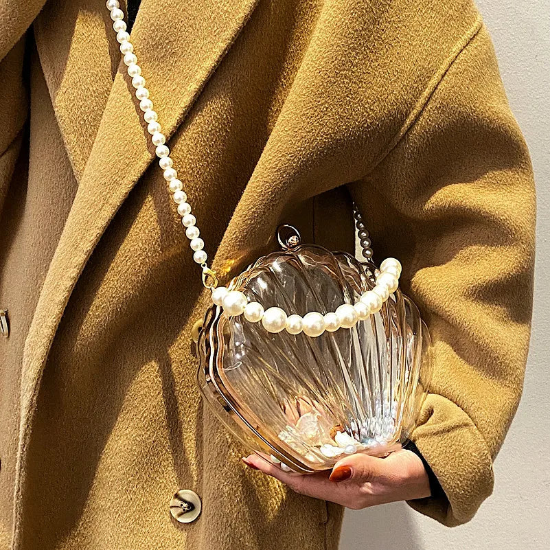 FENJING Transparent Shell Evening Bag — Pearl Chain Clutch & Crossbody Purse