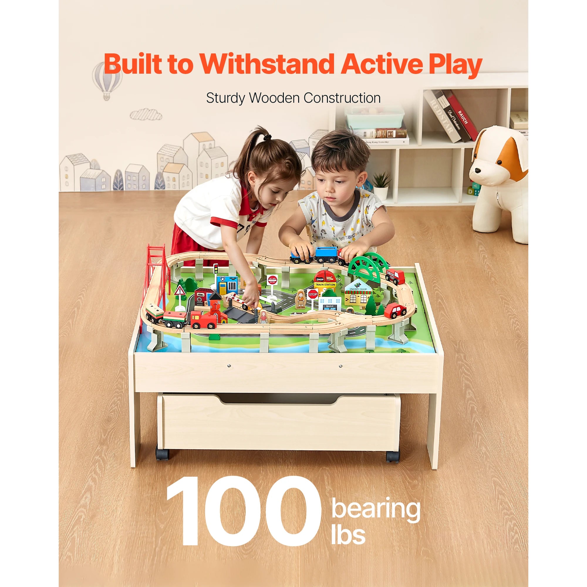 SucceBuy 3-in-1 Wooden Train Table — 100-Piece Activity Set with Storage