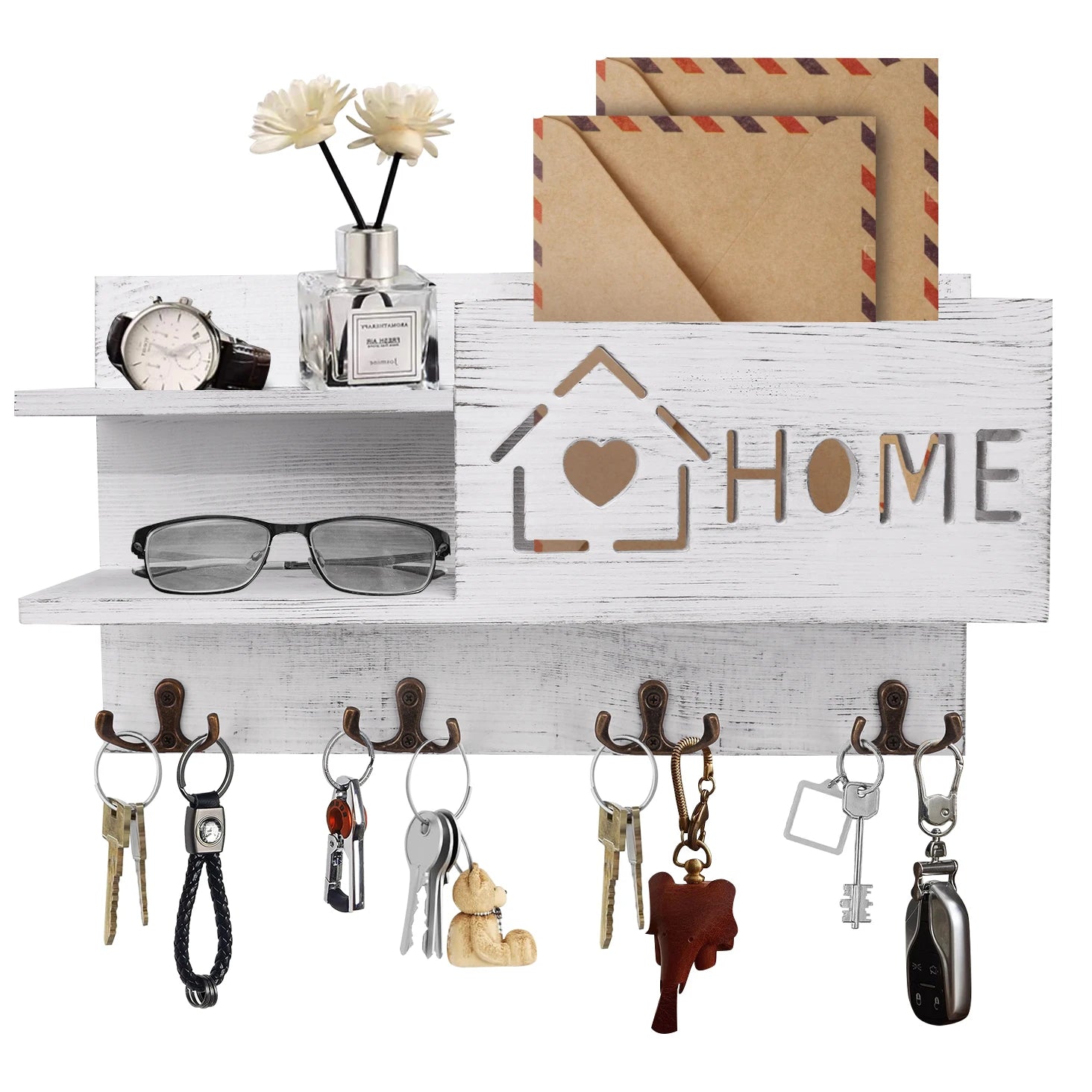 Wooden Mail and Key Organizer — Wall Mounted Storage with 4 Double Hooks