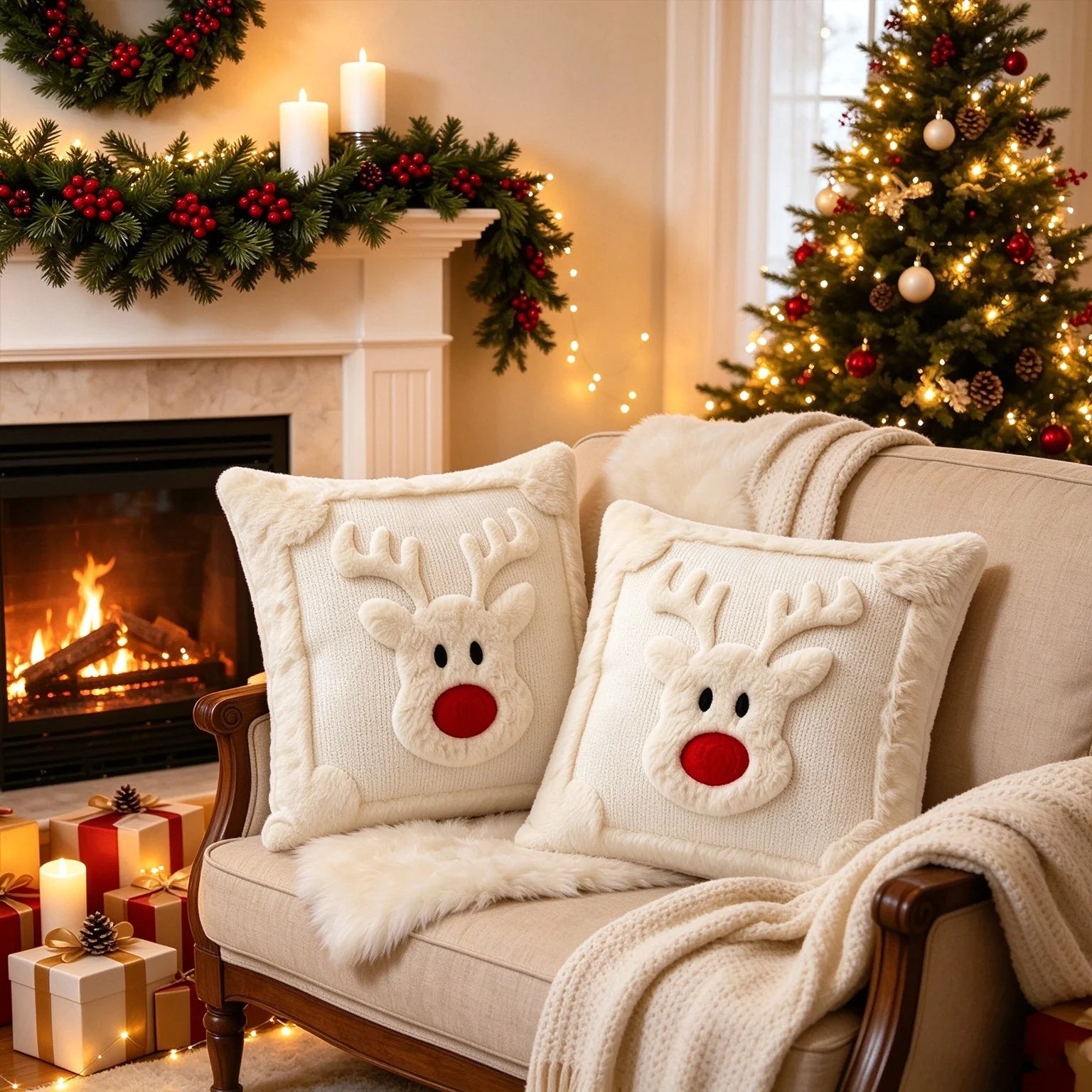 Fluffy Reindeer Cushion Cover — Soft Embroidered Holiday Pillow Slip