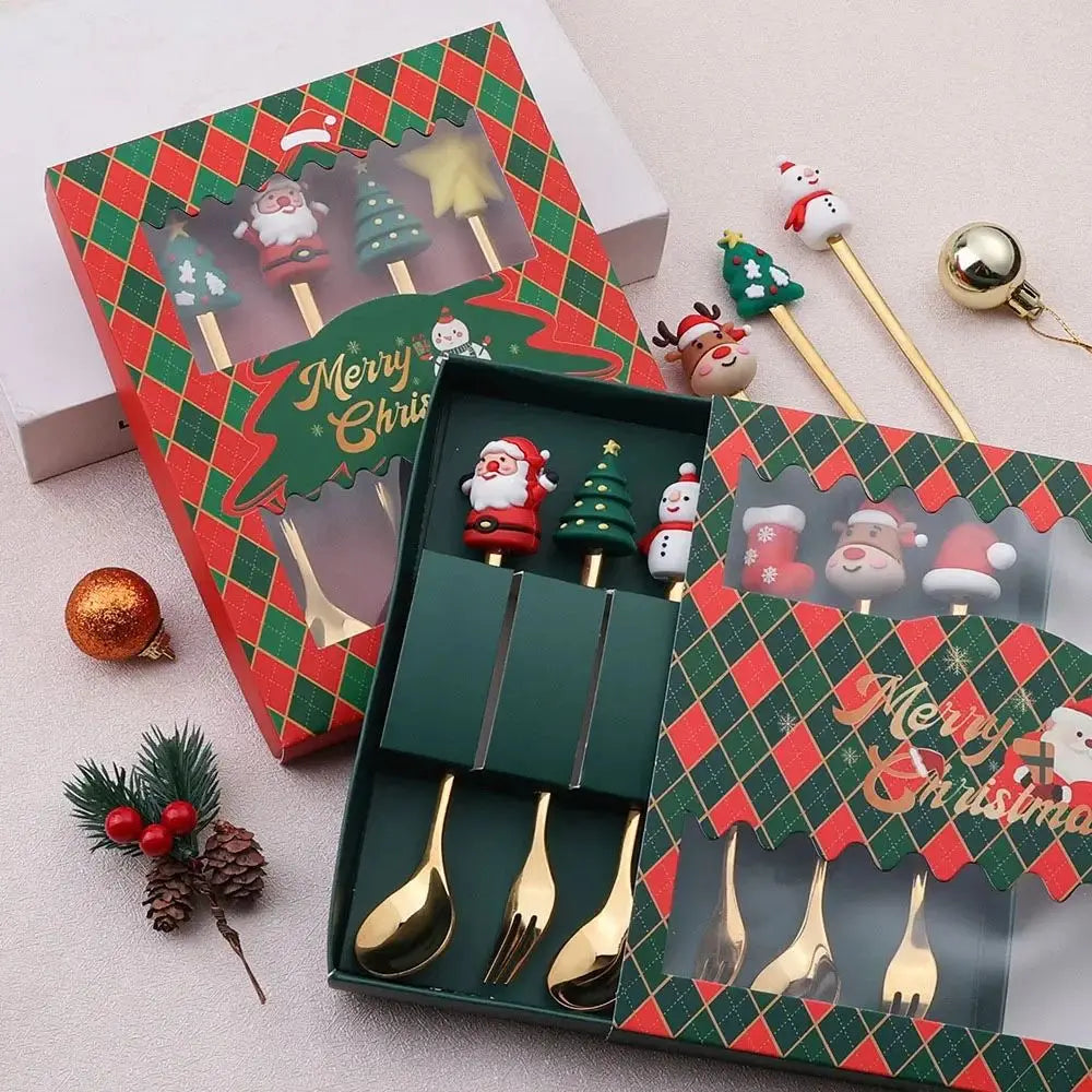 Christmas Themed Stainless Steel Cutlery Set — Decorative Santa Spoon and Fork