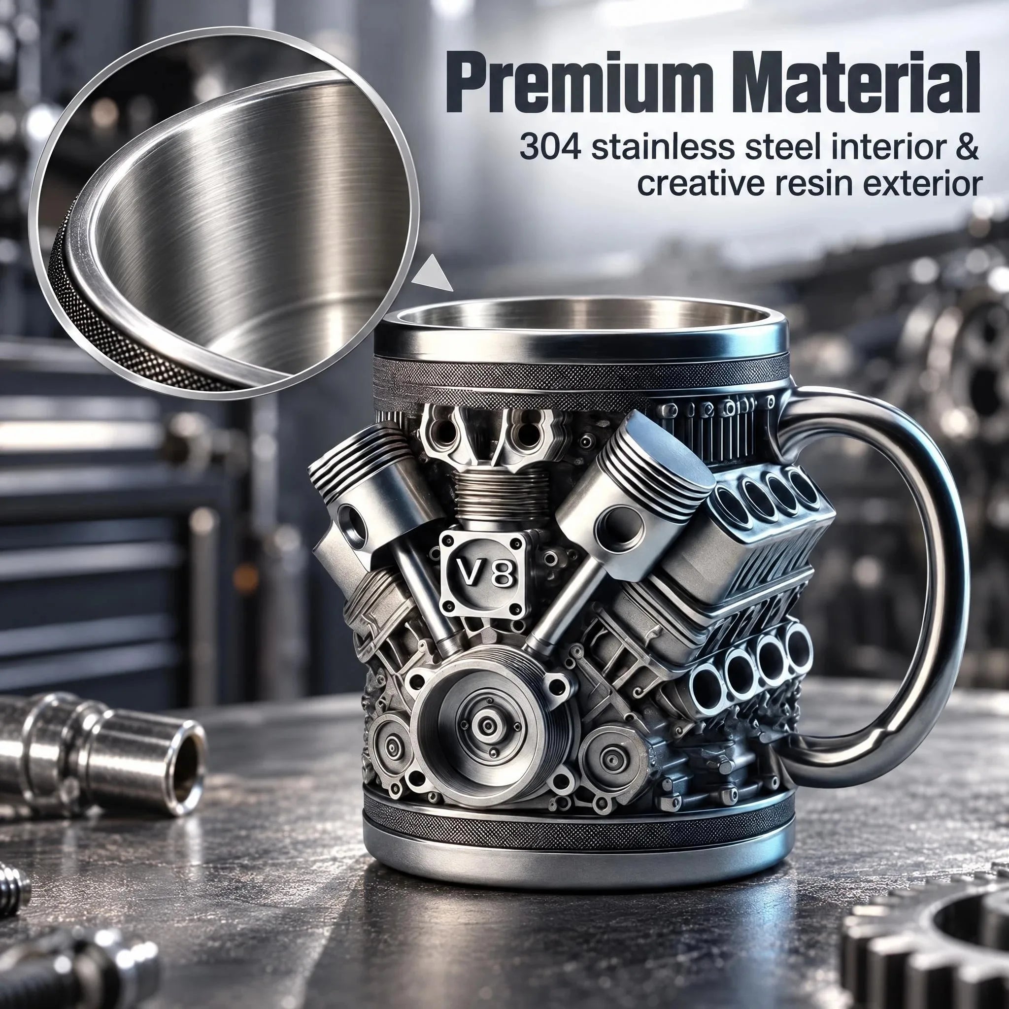 V8 Engine Stainless Steel Coffee Mug — 3D Mechanical Design Water Bottle