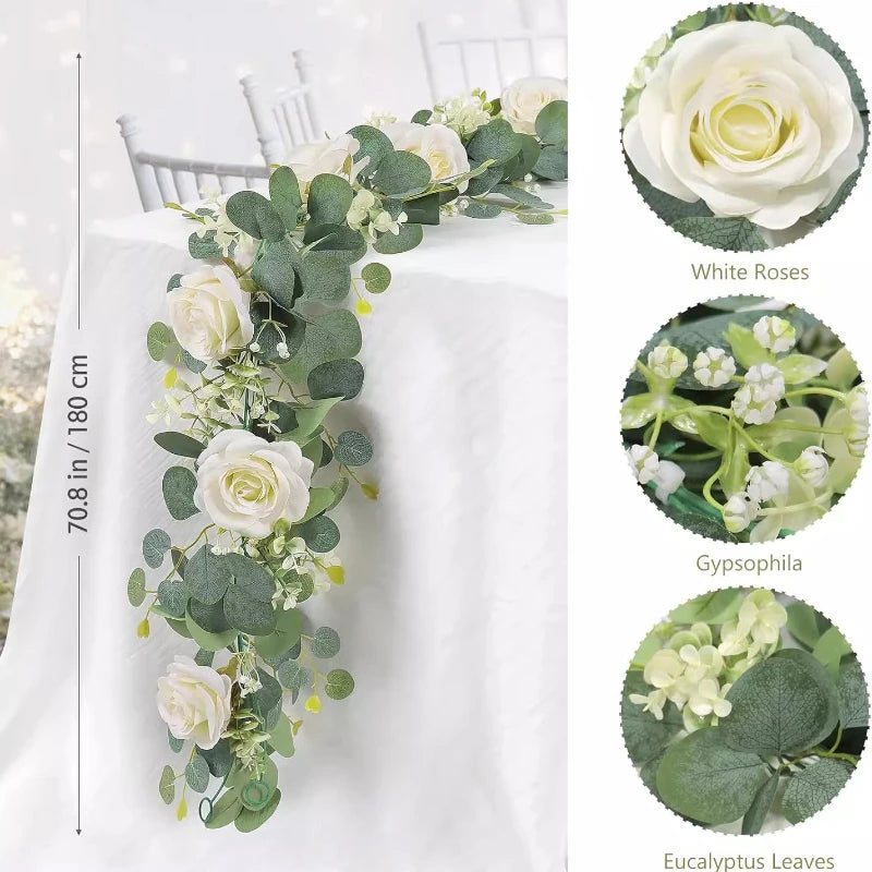 Artificial Eucalyptus Garland with White Flowers — Decorative Vine for Weddings & Home Decor