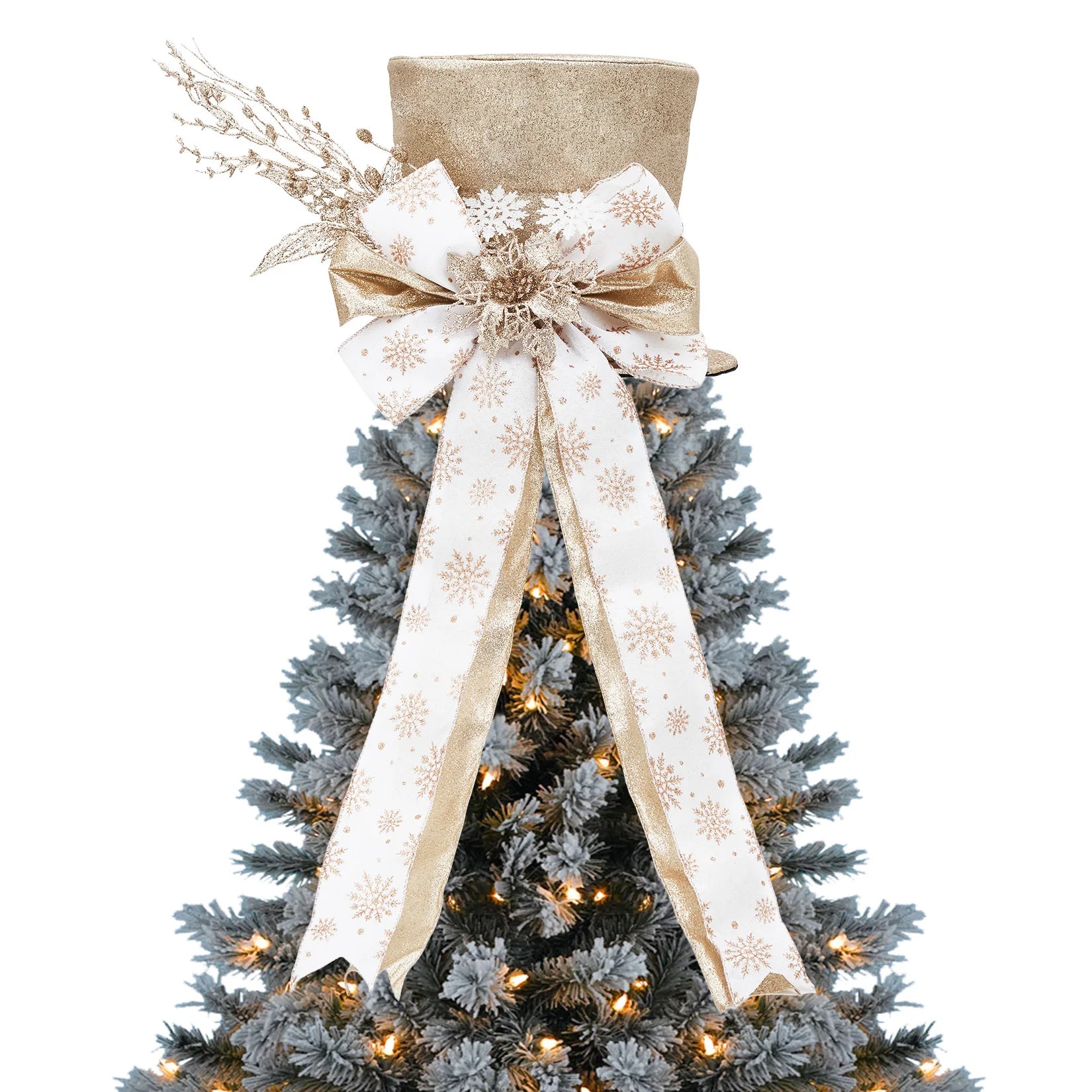 EliteZ Glitter Christmas Tree Topper Bow — Decorative Spruce Branch Accent