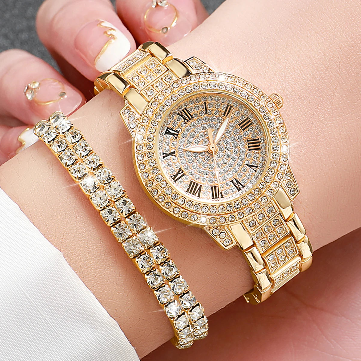 Women's Diamond Accented Watch & Bracelet Set — Elegant Quartz Jewelry Duo