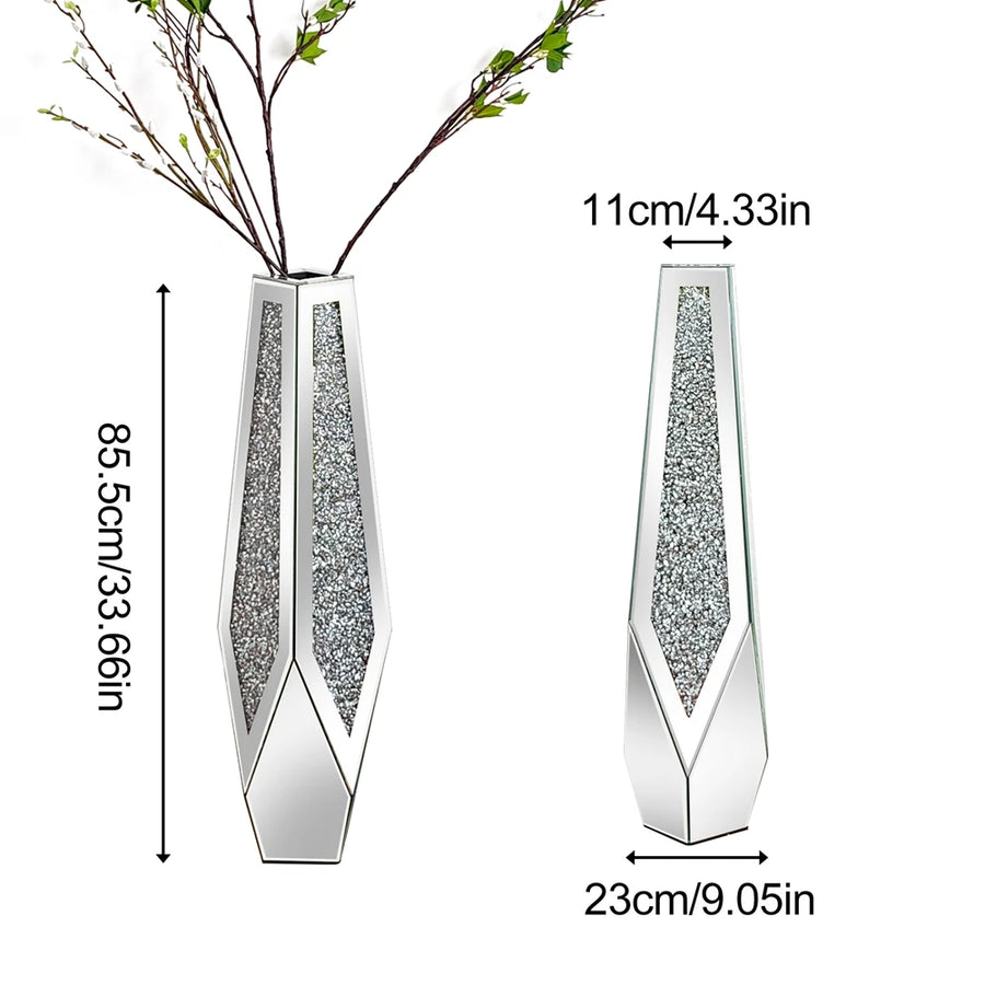 Crushed Diamond Mirrored Flower Vase — Large Standing Floor Decor