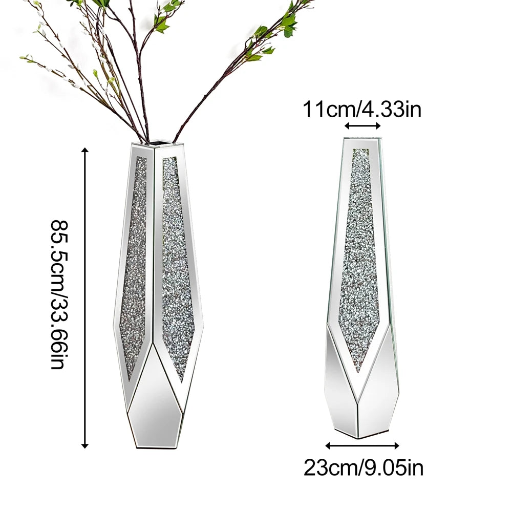 Crushed Diamond Mirrored Flower Vase — Large Standing Floor Decor