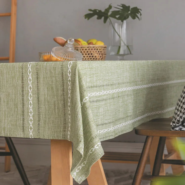 Cotton Linen Stripe Tassel Tablecloth — Stain Resistant Dining Decor